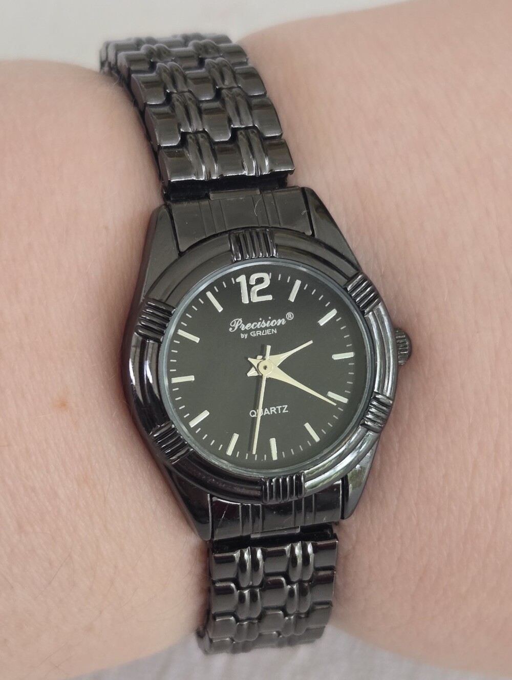 Precision by Gruen Vintage Black Women's Quartz Wristwatch Elastic Stretch Band